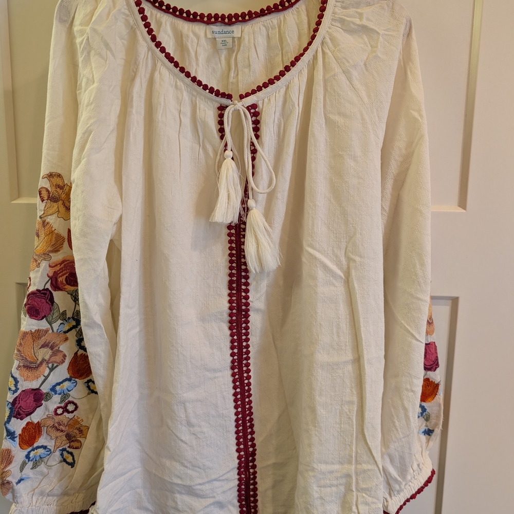 Sundance Ivory Embroidered Peasant Blouse with Burgundy Trim, Nwot Size XXL